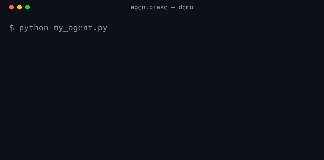 AgentBrake halting a runaway agent at a $2 cost ceiling as the running cost climbs